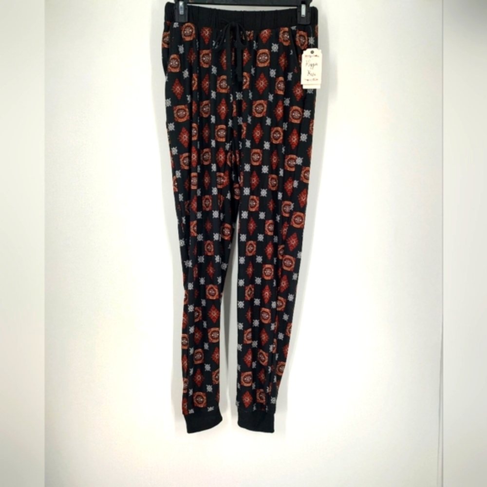 Hippie Rose  Jogger Pants Black Red Medallion